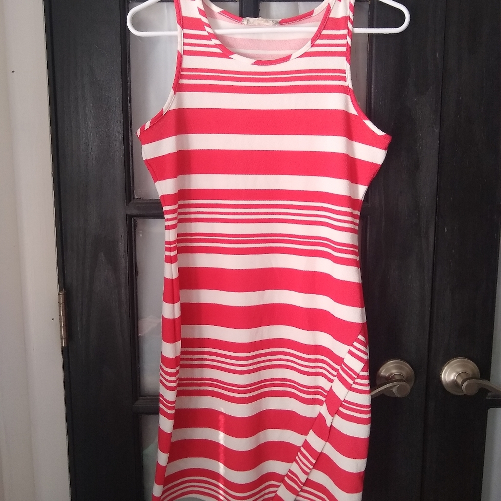 💚Pink Republic Coral White Striped Dress Size M